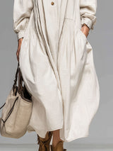 Loose Round-neck Button-front Double-pocket Cotton Long-sleeved Midi Dress