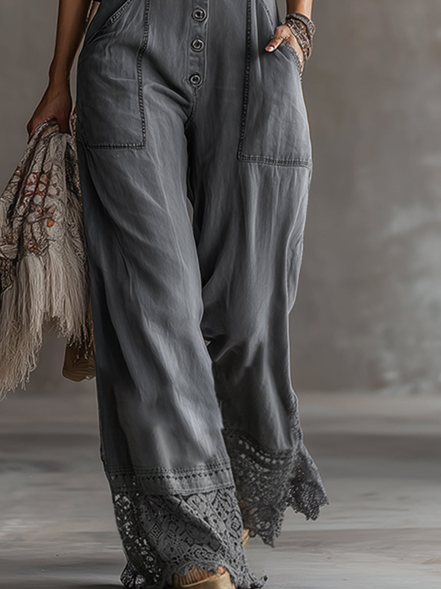 Casual Loose-fitting Button-up Gray Denim Jumpsuit Overalls