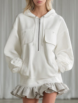 Casual And Stylish Beige-grey Ruffled White Hooded Sporty Mini Dress
