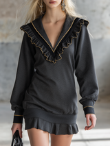 Retro Sporty V-neck Ruffle Mini Sweatshirt Dress