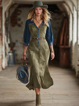 Western-style Casual Olive Green Faux Suede Patchwork Denim Midi Dress