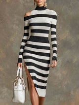 Retro Black And White Striped Knit Off-shoulder Slit Midi Dress