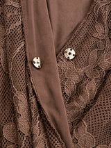 Elegant Brown Lace Front Slit Long Sleeve Maxi Dress