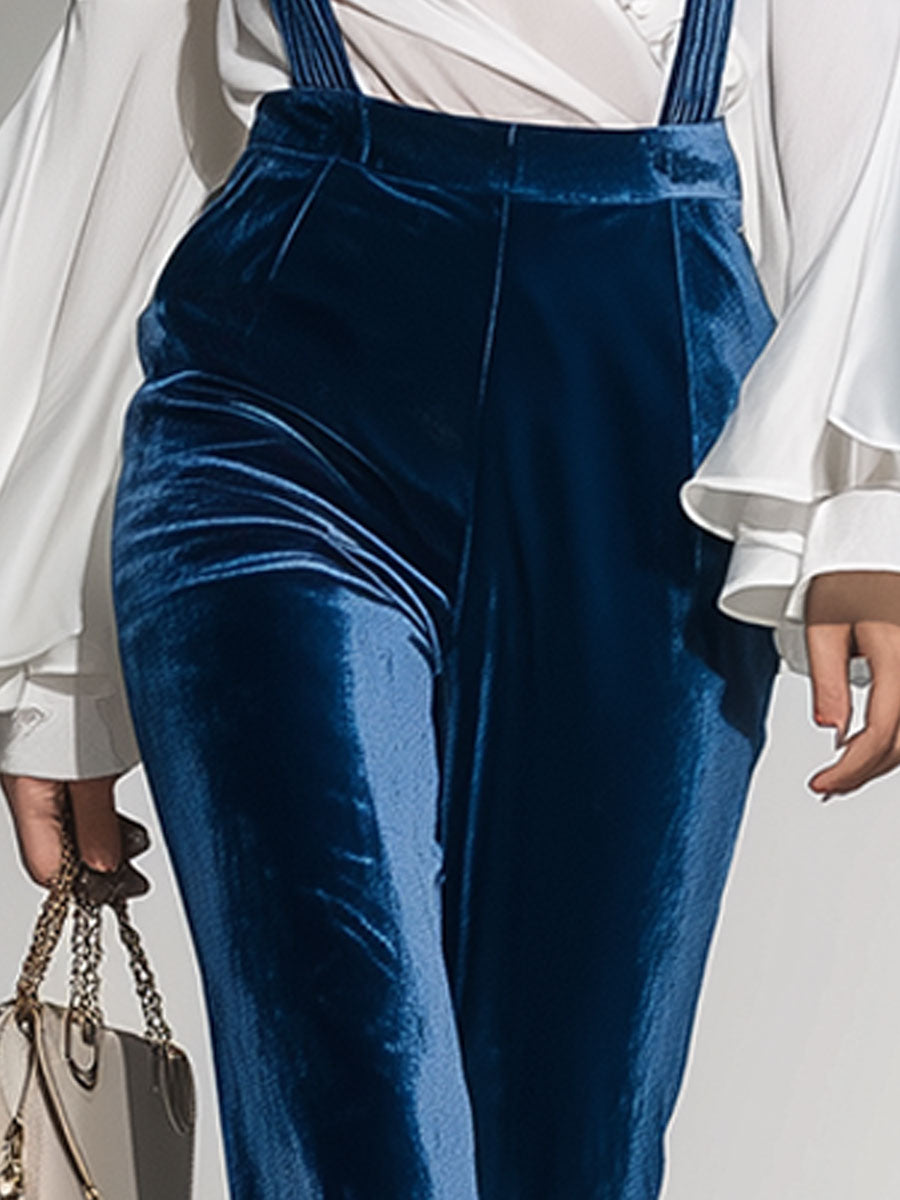 Loose And Casual Wide-leg Blue Velvet Overalls