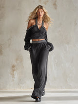 Stylish Sporty Striped Trim Black Corduroy Off-the-shoulder Top And Wide-leg Pants Set