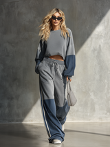 Casual Sporty Color-blocked Grey Sweatshirt And Wide-leg Pants Set