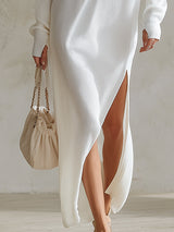 Refined Silhouette White Knit Maxi Dress with Sequined V-Neck