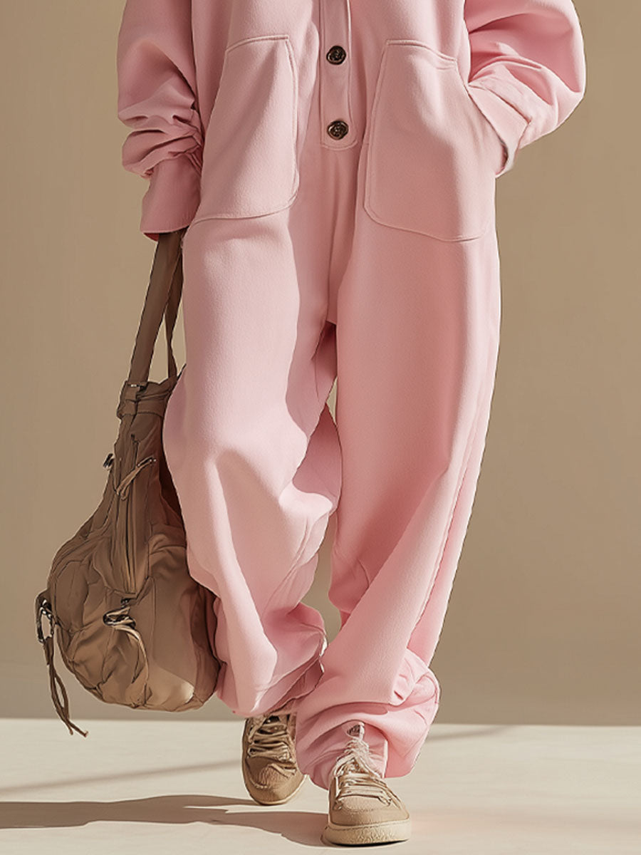 Loose-fitting Button-up Double-pocket Hooded Jumpsuit