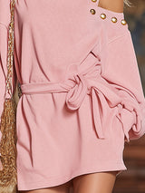 Loose High-neck Off-the-shoulder Long-sleeved Tie-detail Athletic Mini Dress