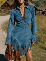 Western-style Blue Faux Suede Patchwork Mini Dress With Fringe Details.