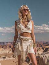 【24-hour shipping out】Retro And Fashionable Wasteland Style Hooded Top Tassel Skirt Beige Cotton And Linen Suit