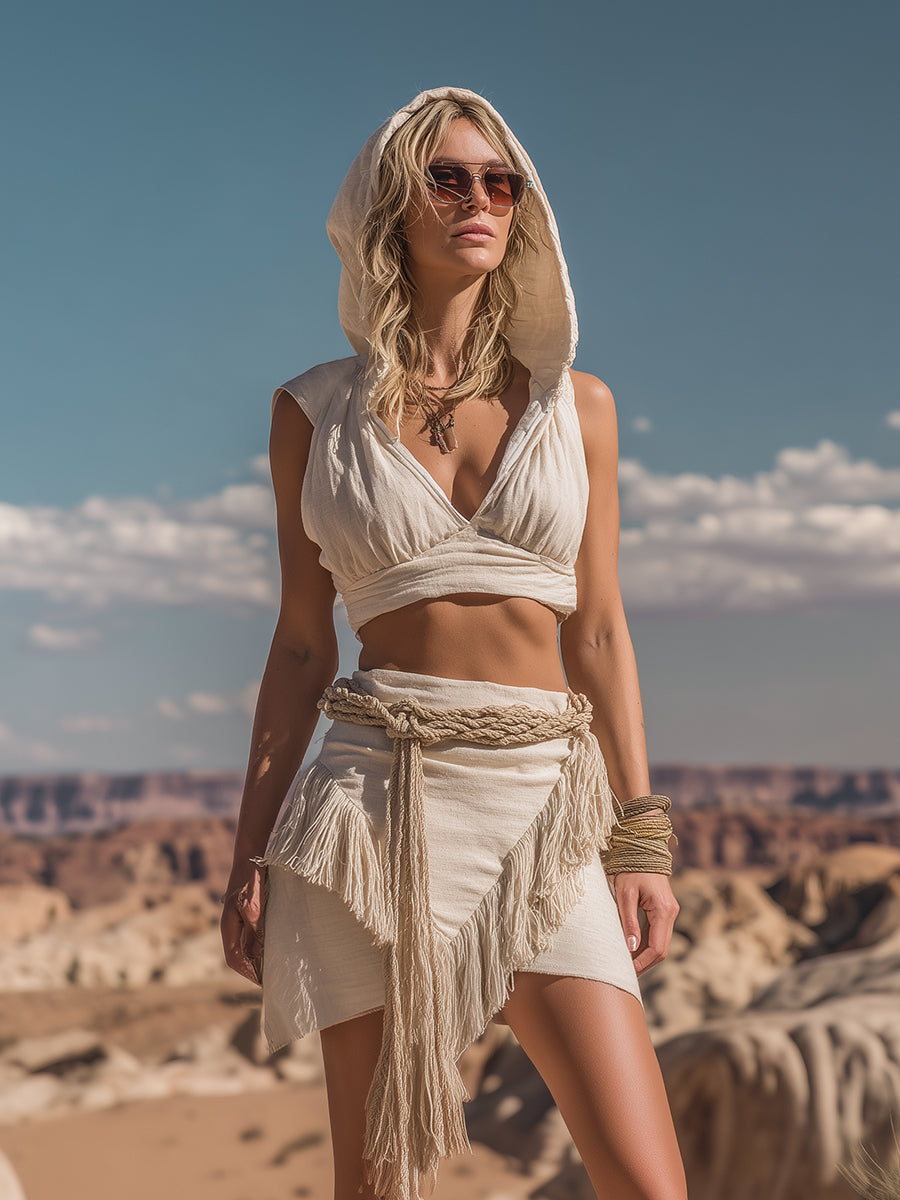 【24-hour shipping out】Retro And Fashionable Wasteland Style Hooded Top Tassel Skirt Beige Cotton And Linen Suit