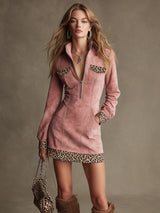 Western Retro Long-Sleeved Leopard Print Pink Faux Suede Mini Dress