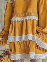 Round Neck Lace Trim Faux Suede Long-sleeved Mini Dress