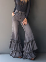 Retro Romantic Gray Frayed Ruffle Flared Jeans
