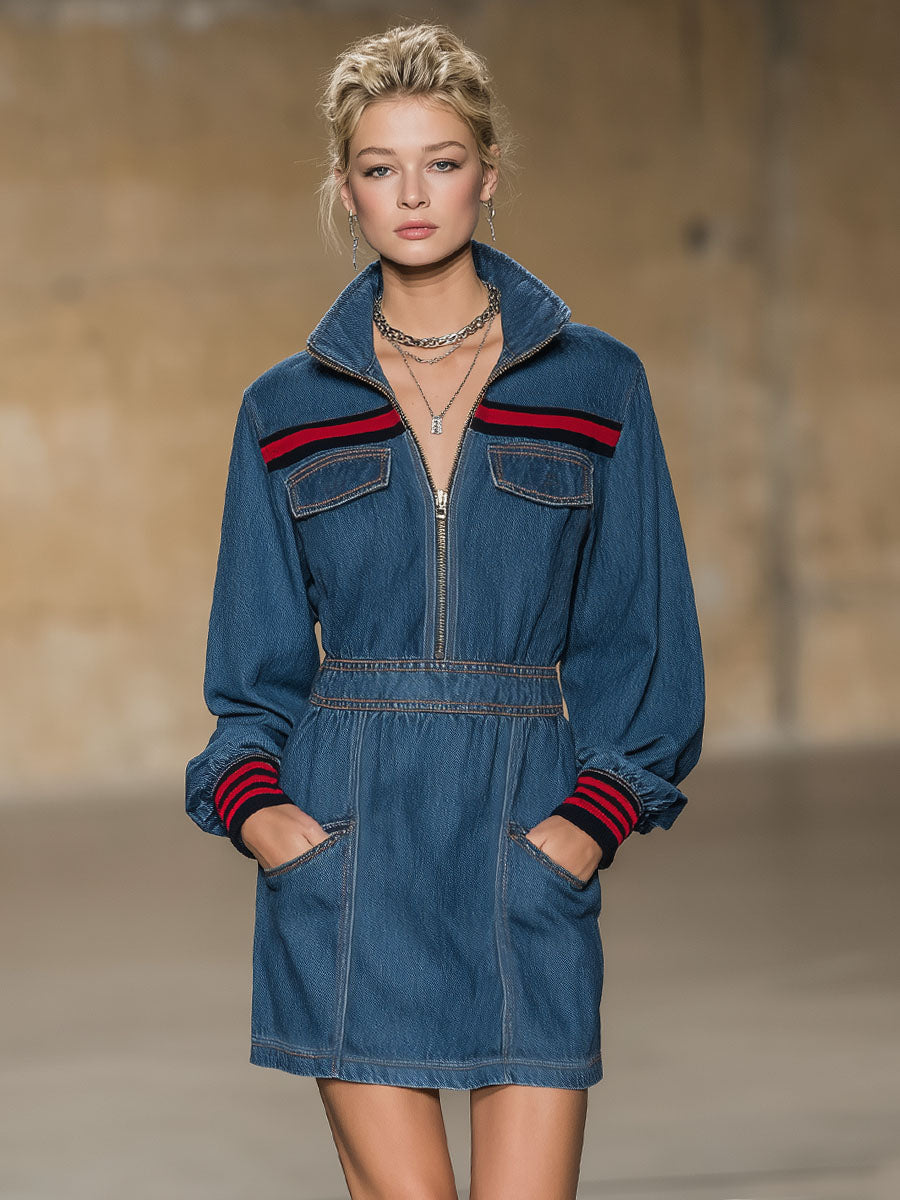 Retro Style Stand-collar Zippered Multi-pocket Denim Long-sleeved Mini Dress