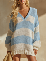 Casual Stylish Vacation Striped V-neck Knitted Mini Dress