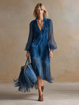 Elegant Silhouette Blue Faux Suede Tassel Tulle Long-sleeved Midi Dress