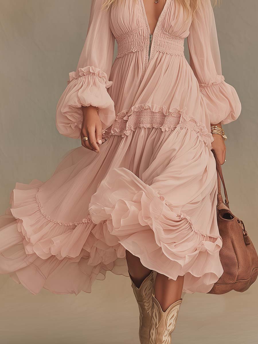Elegant Flowing Western V-neck Front Zipper Puff Hem Lantern Sleeves Light Pink Chiffon Midi Dress
