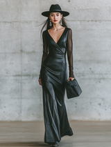 Elegant Edgy Urban V-neck Faux Leather Maxi Dress