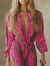 Casual Loose Rose Red Chiffon Leopard Print Long-Sleeved Jumpsuit