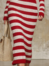 Stylish Knitted Red And White Striped Off-the-shoulder Maxi Dress
