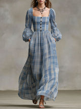Western Retro Long-Sleeved Blue And White Checkered Chiffon Maxi Dress