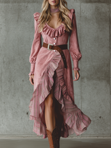 Western-style Ruffled Hem And Floral Print Pink Faux Suede Maxi Dress