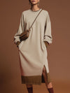 Sporty Retro Apricot Cotton Long-Sleeved Slit Midi Dress