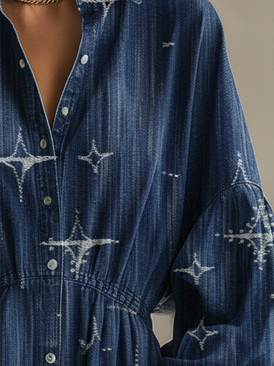 Stylish And Casual Blue Star Denim Midi Dress