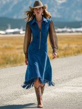 Western Retro Leopard Print Chiffon Long-Sleeved Blue Faux Suede Tassel Midi Dress