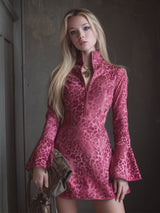 Leopard Print Faux Suede Stand-collar Zip-up Flared Long-sleeved Mini Dress