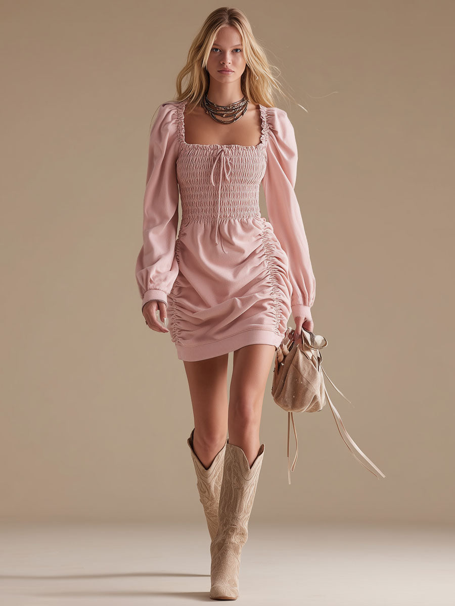 Square-neck Shirred Long-sleeved Mini Dress