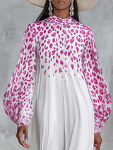 Vintage Charming Leopard Print Stand-collar Loose Chiffon Maxi Dress