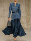 Retro-style Lapel Button-down Denim And Satin Patchwork Long-sleeved Maxi Dress