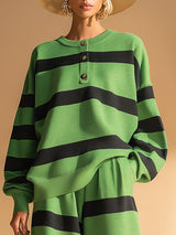 Casual Sports Green And Black Striped Sweatshirt And Pants Set