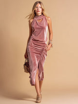 Elegant Openwork Ruched Velvet Sleeveless Midi Dress