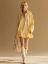 Stylish And Casual Yellow Collared Sweatshirt-style Mini Dress