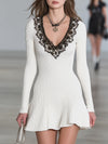 Stylish White Knitted V-neck With Black Lace Trim Mini Dress