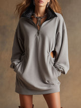 Casual Sporty Black PU Collar Gray Hollowed-out Long-sleeved Mini Dress