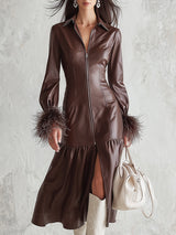 Elegant And Sophisticated Chocolate Brown Collared PU Feather-trimmed Midi Dress