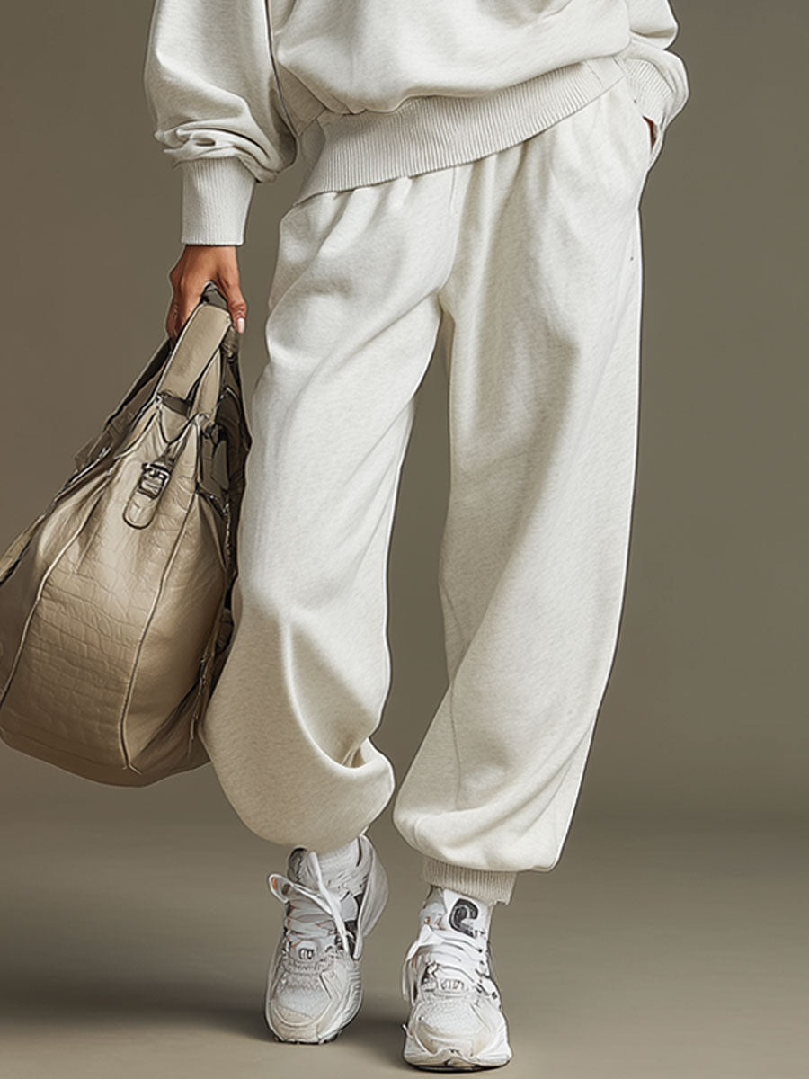 Sporty Retro Light Gray Pure Cotton Embroidered Long-Sleeve Sweatshirt And Sweatpants Set