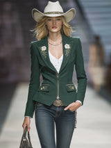 Vintage Western Rose Embroidered Zipper Green Faux Suede Jacket