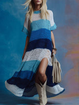 Retro Striped Contrast Knit Maxi Dress