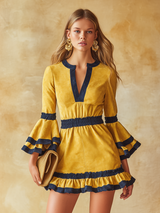 Retro Color-blocked Trim V-neck Ruffled Faux Suede Mini Dress