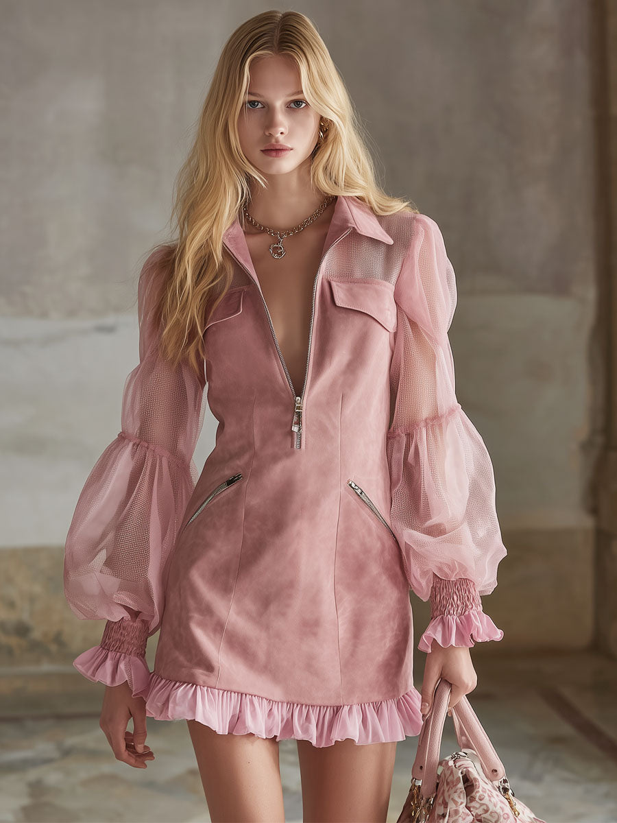 Lapel Collar Zip-up Patchwork Mesh Faux Suede Long-sleeved Mini Dress