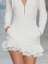 Stylish Sporty White Hooded Mini Dress With White Lace Ruffles
