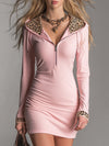 SportyHigh-stretch PinkWith A Half-zip And Partial Leopard Print Mini Dress