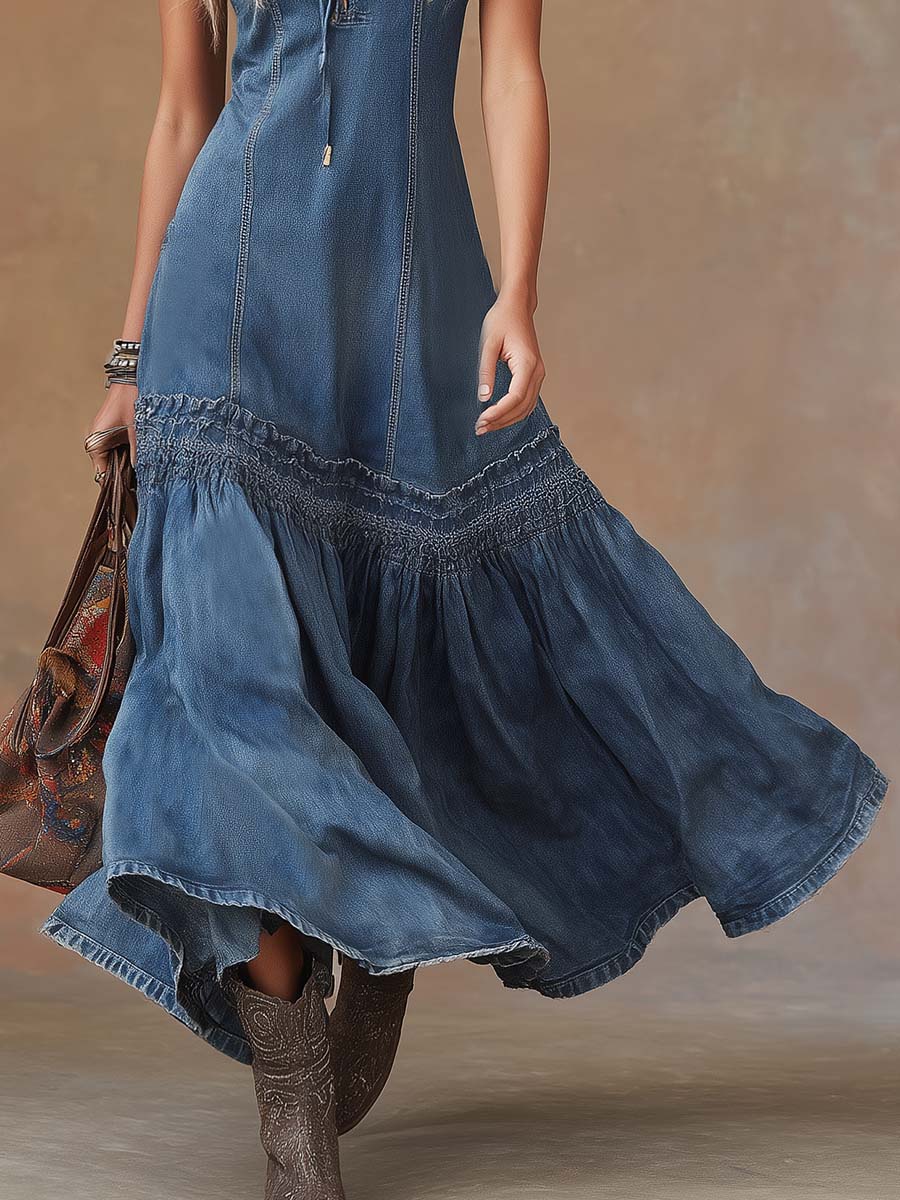 Vintage Tie-Neck Bubble-Hem Denim Maxi Dress