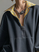 Casual Sporty Plaid Trim Gray Washed Cotton Sweatshirt Mini Dress